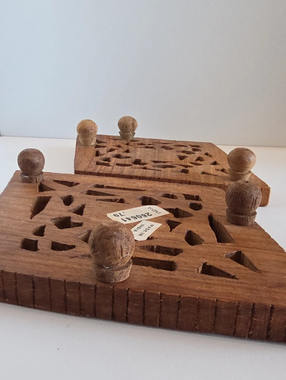 Vintage 1970's Hand Carved Wood Trivet with Tab Feet India -Set Of 2